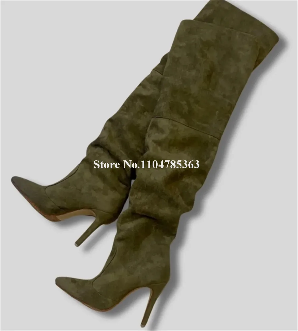

Elegant Army Green Suede Stiletto Heel Over Knee Boots Sexy Pointed Toe Slip-on Slim Style Thin Heel Long Boots Plus Size Boots