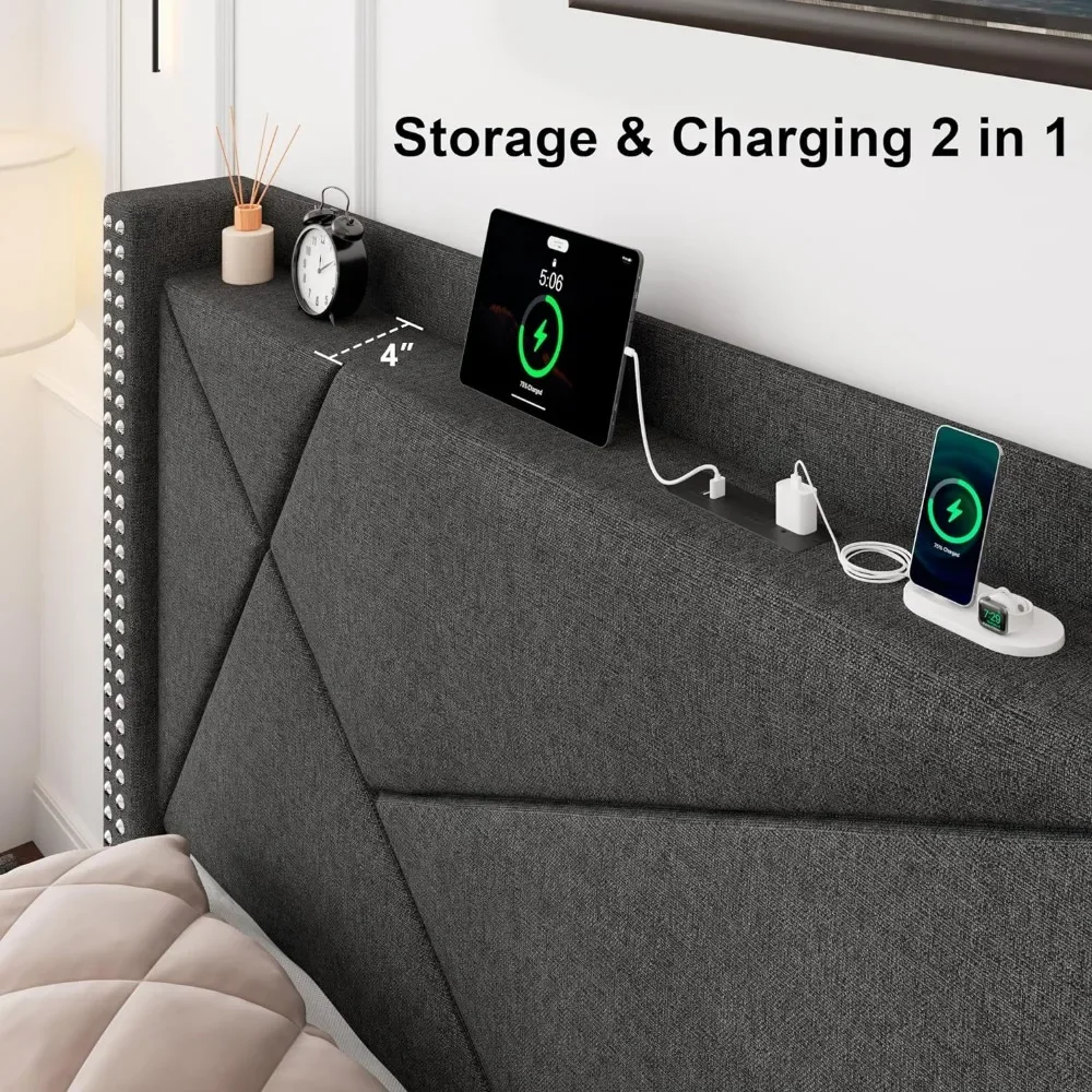 Cadre de lit Queen avec station de charge et étagère à oreilles, LM, 4 wers de proximité de stockage