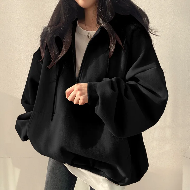 Women Hoodie Harajuku Loose Oversized Solid Color Top Half Zip Up Sweatshirt Female Casual Long Sleeve Pocket Hooded Coats 2024