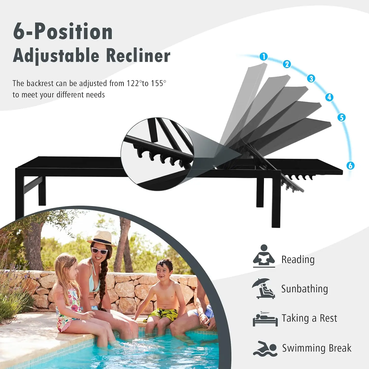 Patio Chaise Lounge Chair Set 2, Outdoor Recliner 6 Adjustable Positions Aluminium Frame Deck Pool Furniture Black, Customized