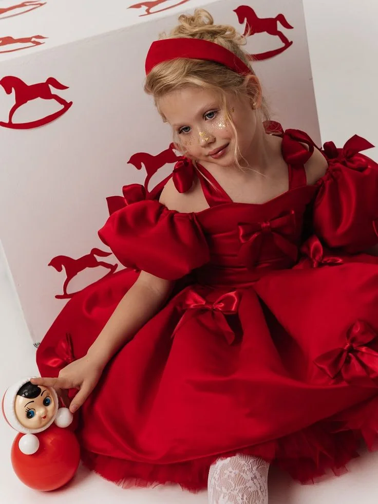 Customized Bright Red Satin Flower Girl Dress Off Shoulder Puff Sleeve Multi Bow Mini Tulle Skirt For Birthday Party Photoshoot