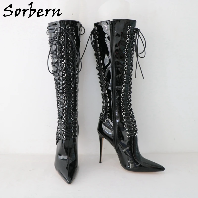 Sorbern Customized Glossy Black Boots Women Knee High Multi Lace Up Bandge Boots High Heel Stilettos Pointed Toe Shoes