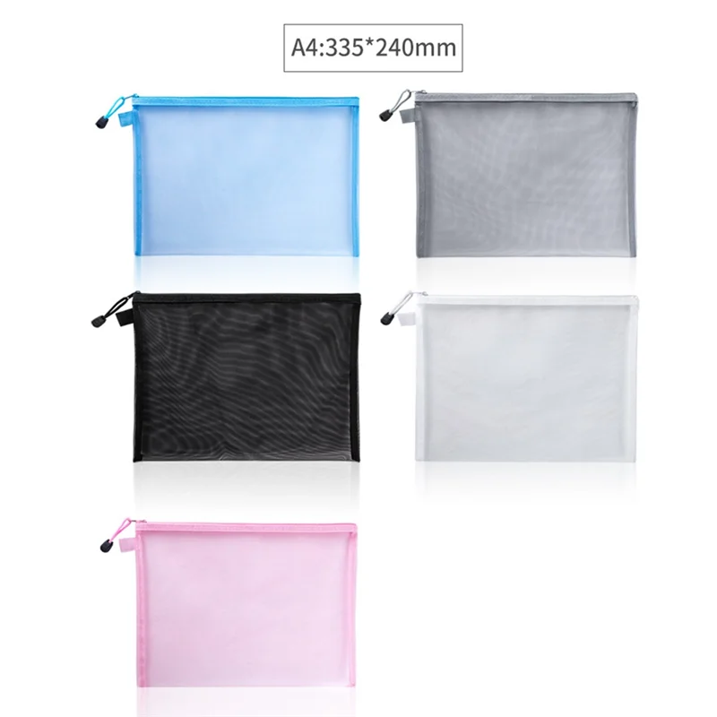 AED7-5Pcs Mesh Zipper Pouch Clear Document Bag Book File Folders Stationery Pencil Case Storage Bags 5 Colors