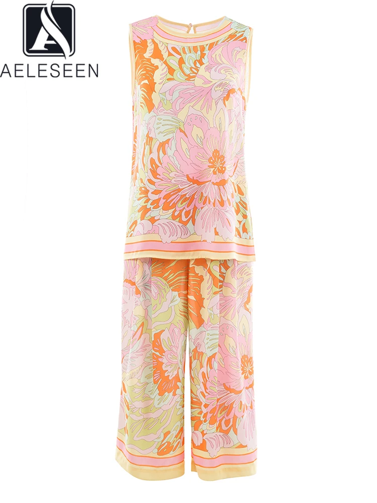 

AELESEEN Fashion Designer 2 Pieces Set Women Casual Summer Sleeveless Long Top + Waist Elastic Straight Pants Flower Print Set