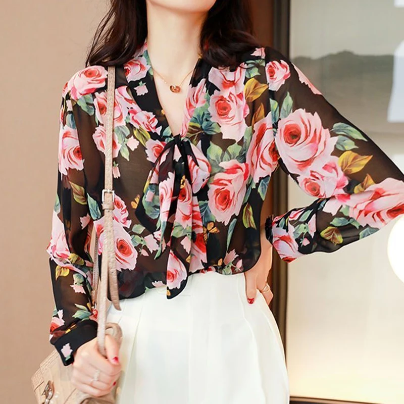 Elegant Bow Patchwork Shirt Tops Spring New Long Sleeve Loose Printing Chiffon Thin Blouse Temperament Fashion Women Clothing