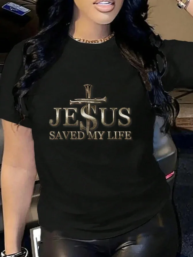 2026 Fashion New Women Round Neck T Shirt 100% Cotton Jesus Cross Pattern Christian Faith Slogan Print Ladies Daily Outing Casual Basic Top Tee