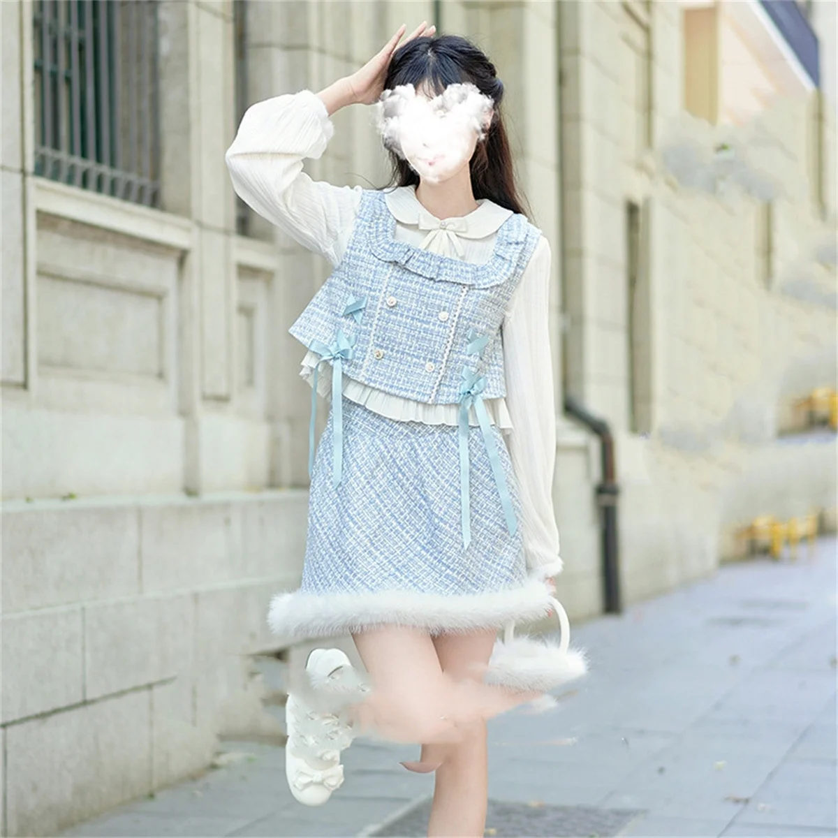 French Sweet  Elegant Girls Cosplay Lolita Suit Gentle Tea Party Vest Skirt Ribbon Bowknot Fluffy Ruffle Cute Winter Suit