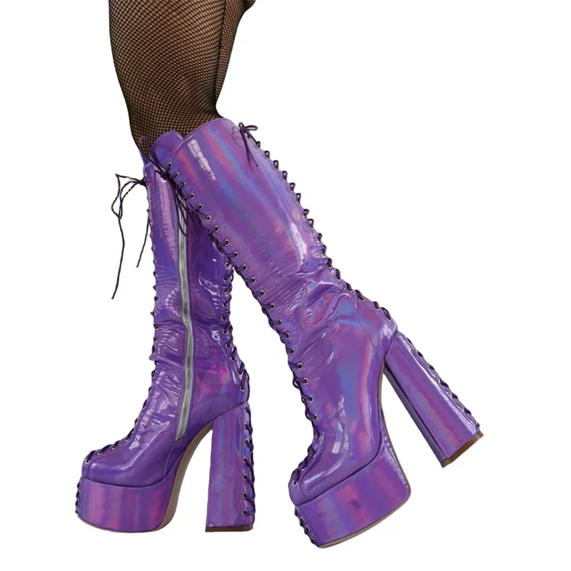 Purple Platform Design Chunky Heels Knee Boots Cross Straps Lace Up Zipper Punk Style Dance Party Sexy Shoes Women Luxury New