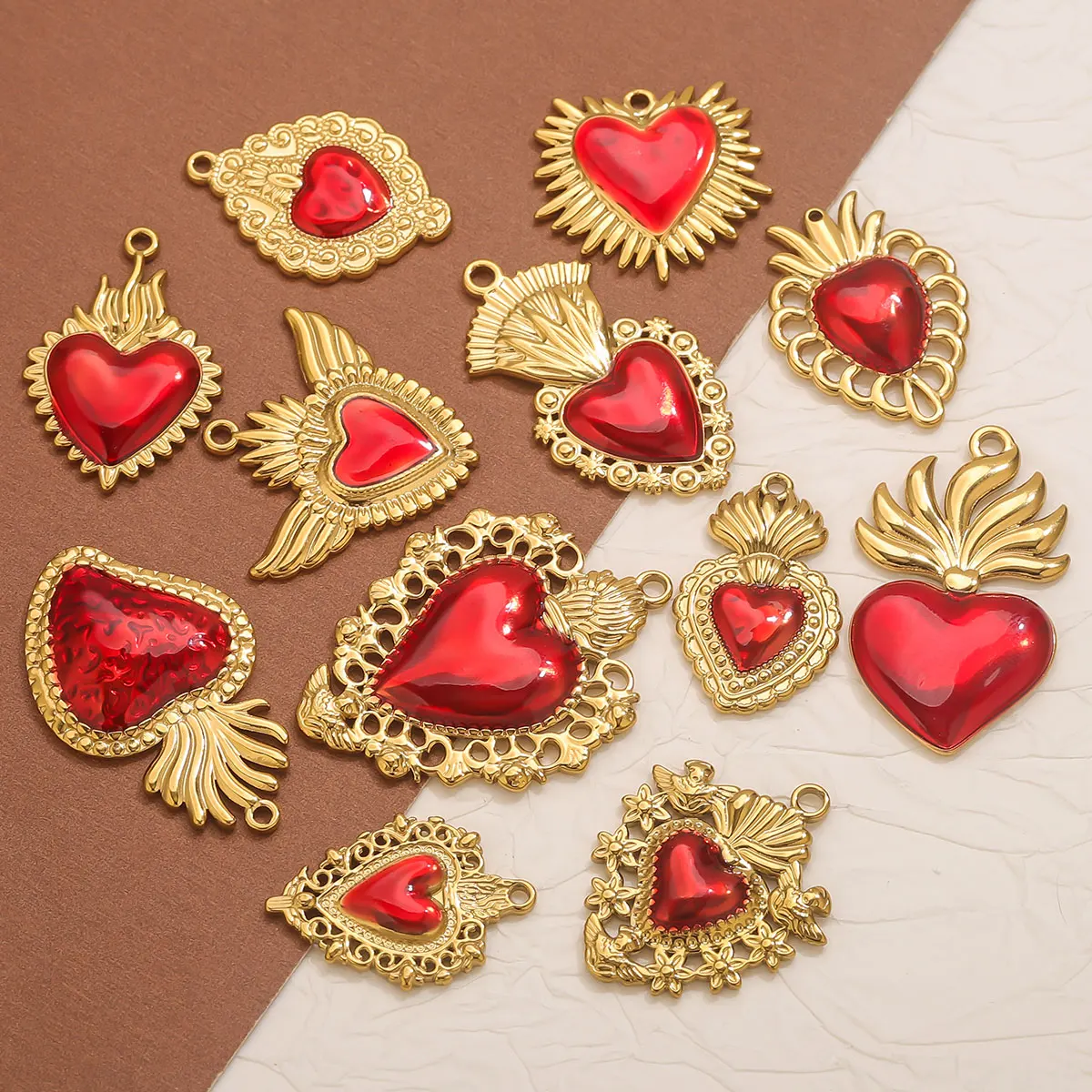 3 قطعة الفولاذ المقاوم للصدأ الأحمر المينا على شكل قلب سحر مطلية بالذهب عقد دي اي واي سوار أقراط مستلزمات صناعة المجوهرات بالجملة