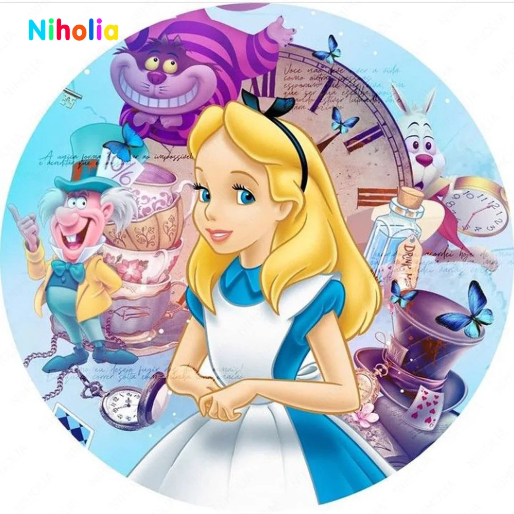 Disney Alice In Wonderland Princess Round Backdrop For Girls Kids Birthday Party Flowers Baby Shower Photography Backgrounds