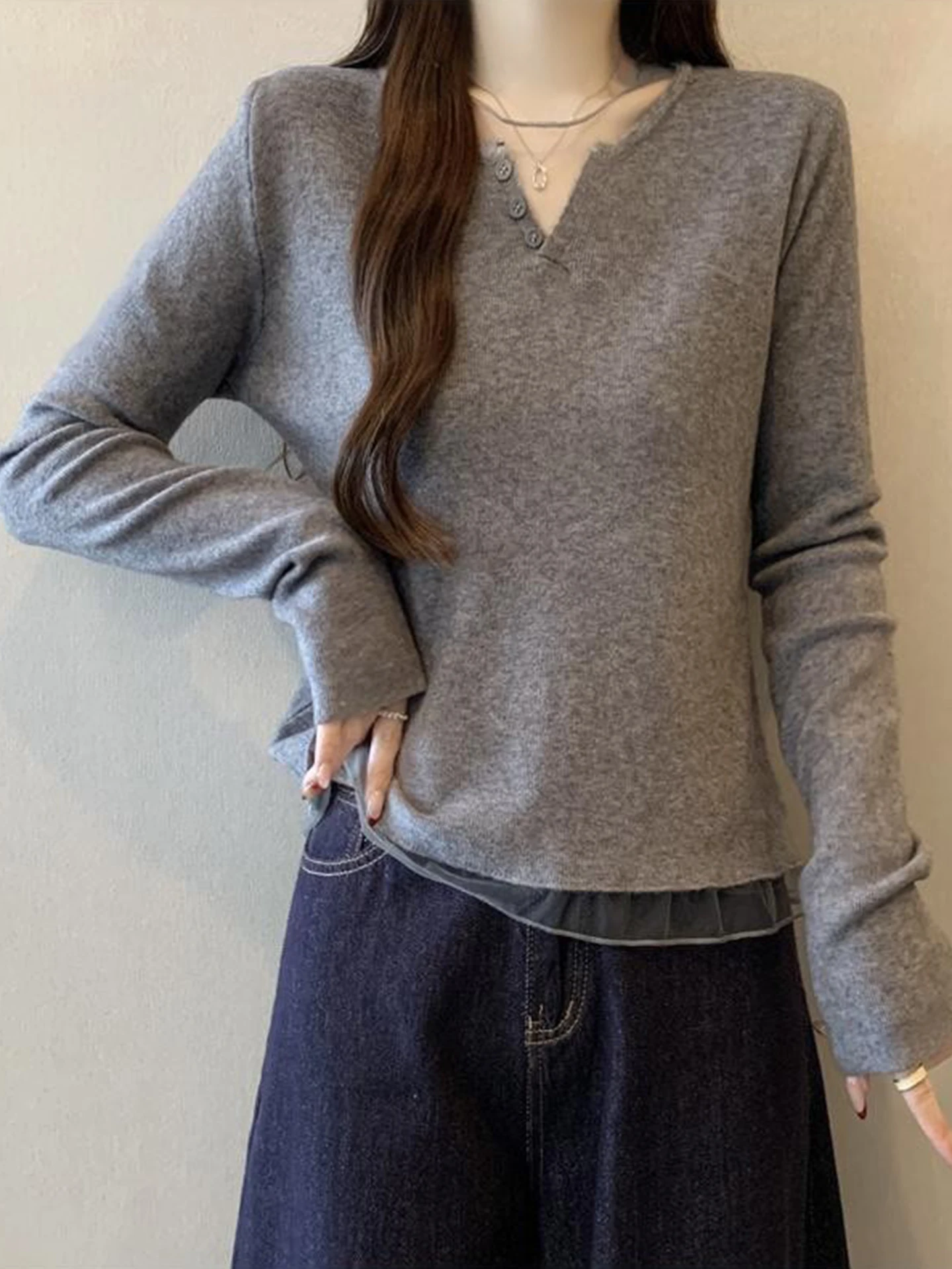 

Korean Sle Chic Me Splice Knitted Base irt Women's Autumn Winter plus Size Slimming Gentle Design Top Breathable Long S...