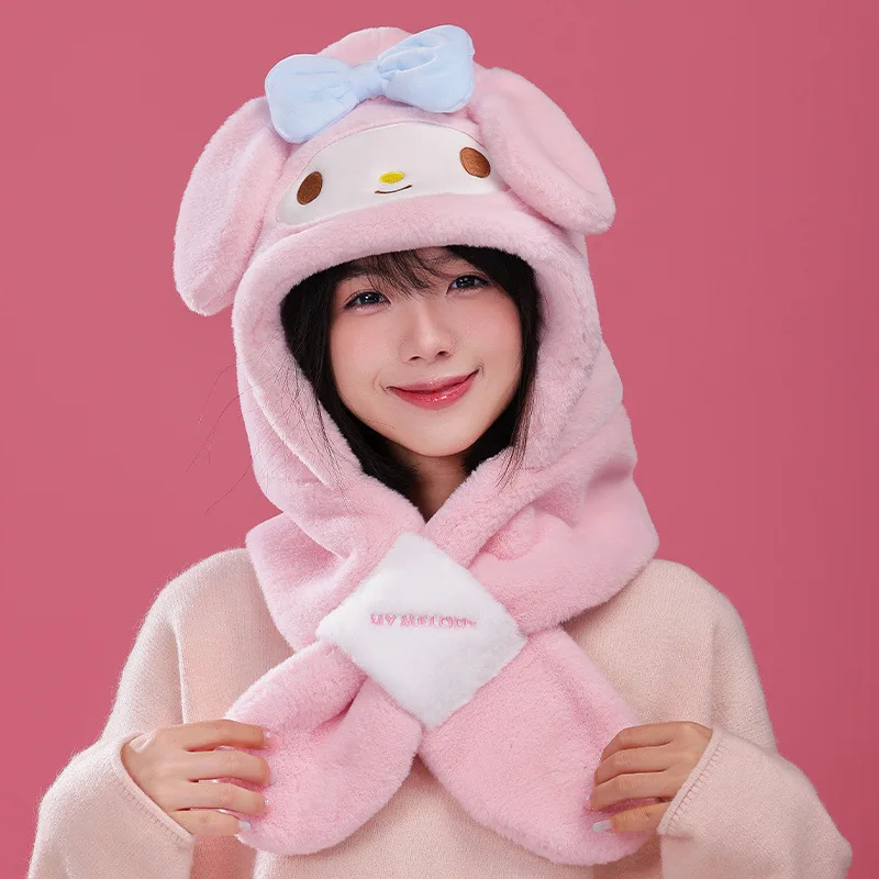 Sanrio Kawaii Three-piece Set Hellokitty Melody Cartoon Warm Plush Gloves One-piece Hooded Thickened Winter Scarf Gift for Women