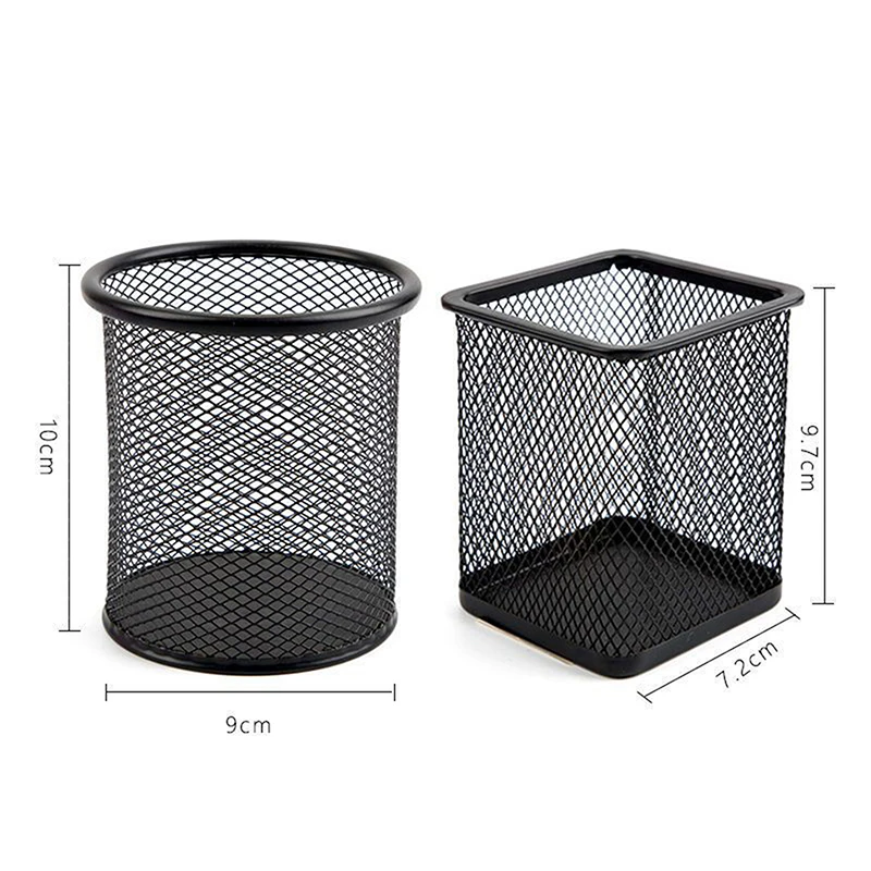 Iron Pen Holder Hollow Desktop Storage Bucket Student Stationery Multi-functional Office Black Color Round Square Pen Holder