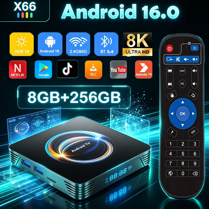 Smart TV Box Android 16 Rockchip RK3528 X66 8GB+256GB con Asistente de Google, Reproductor Multimedia con Video 8K, Bluetooth 6.0, Receptor de TV Muy Rápido