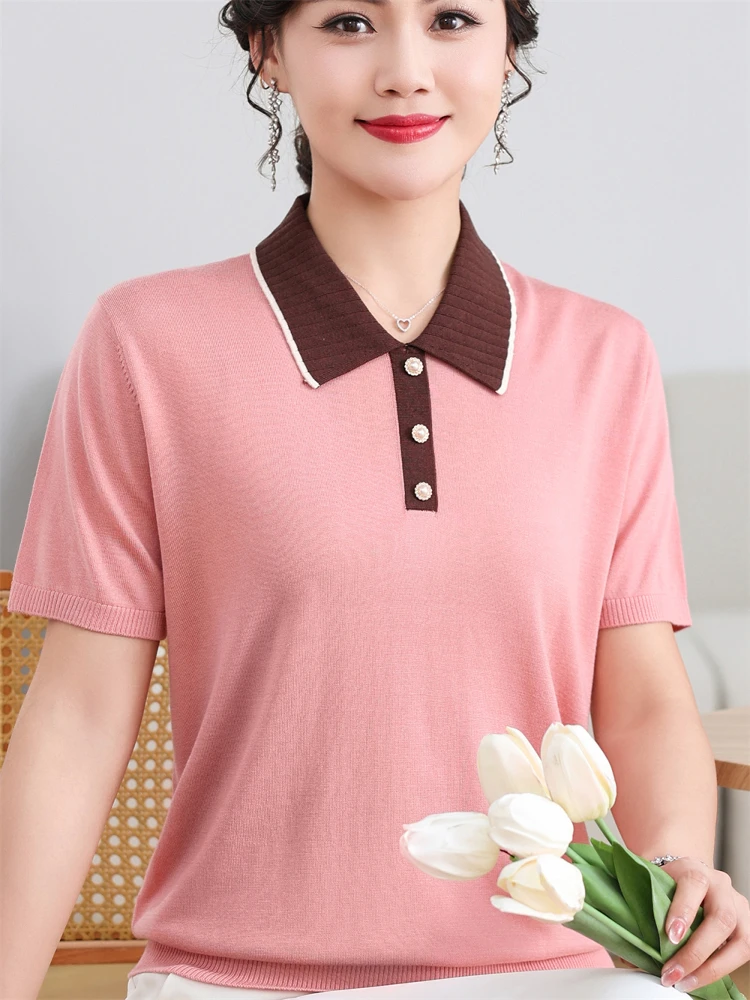 

Модный летний трикотажный топ для женщин среднего возраста из ледяного шелка, свободный пуловер с пуговицами, женская футболка...