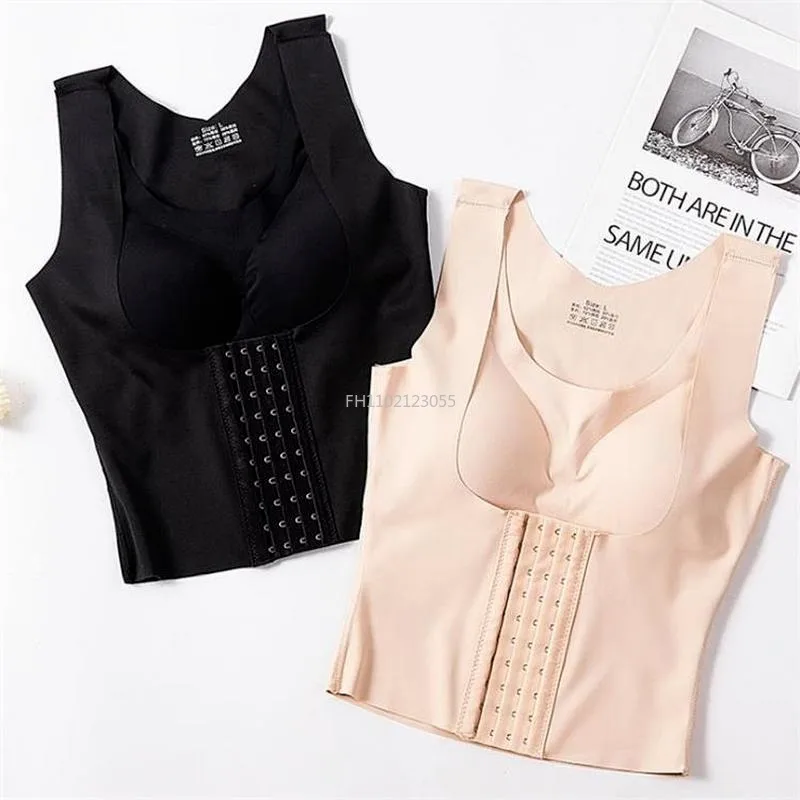 Women\'s 3 in 1 Waist Button Bra Styling Clothing Posture Corrector Weight Loss Cross Back Underwear Belly Sleeveless T-Shirt