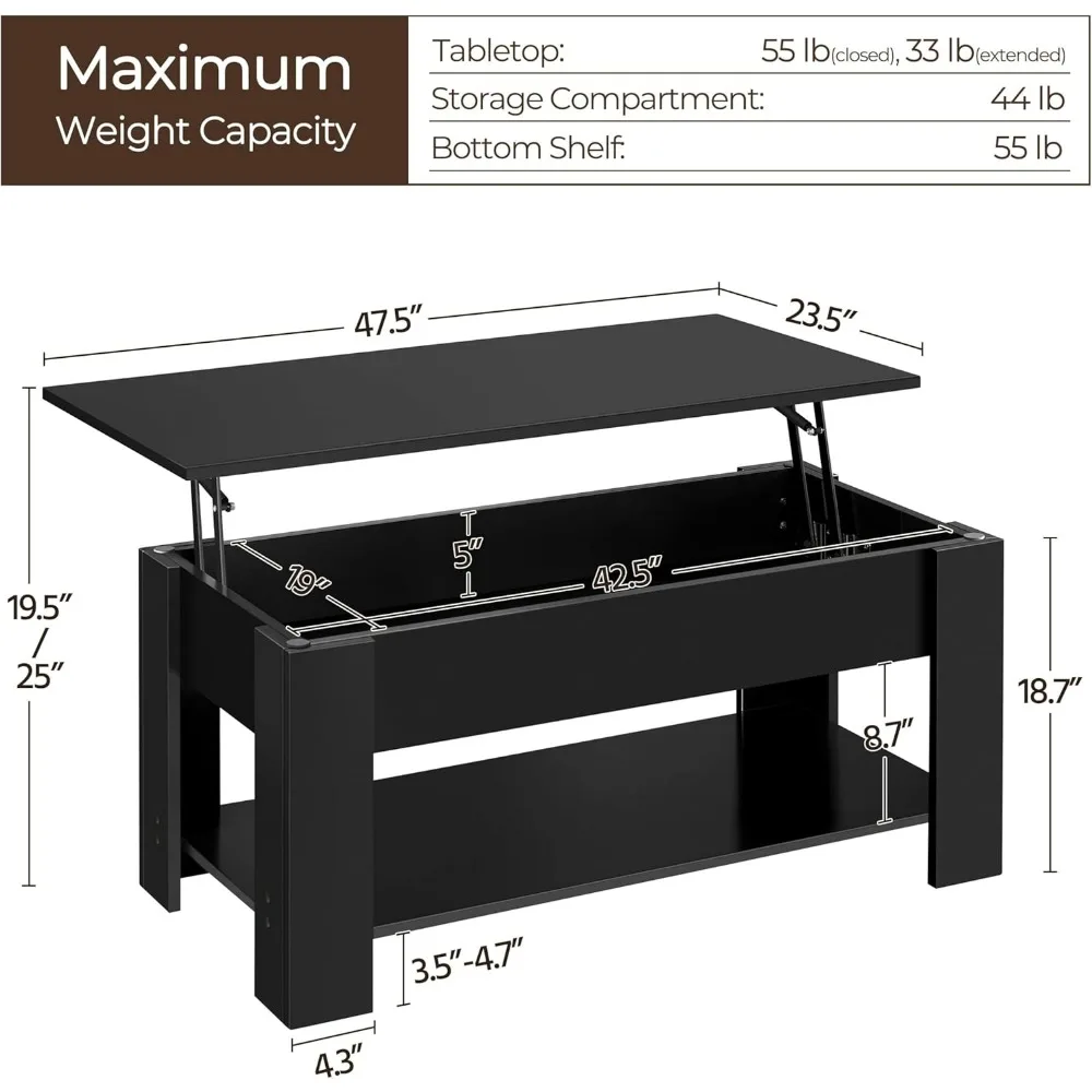 Wooden coffee table, lift-top coffee table with large hidden storage shelves, for a lift-top dining table in the living room