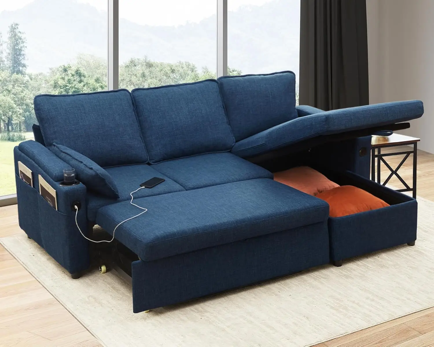 Sofa Bed Sleeper Pull Out 2 in 1 Sectional Sleeper Sofa Couches with Storage,USB, Cup Holder,Pullout Sectional Couches Apartment