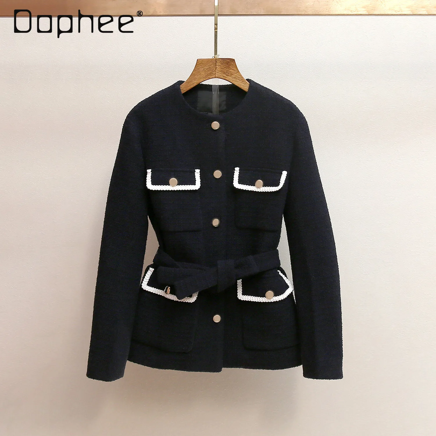 

Autumn Winter Elegant High-end Slim Tweed Pocket Single-breasted Long Sleeve Coat Top Light Luxury Fashion Slim Coat for Women