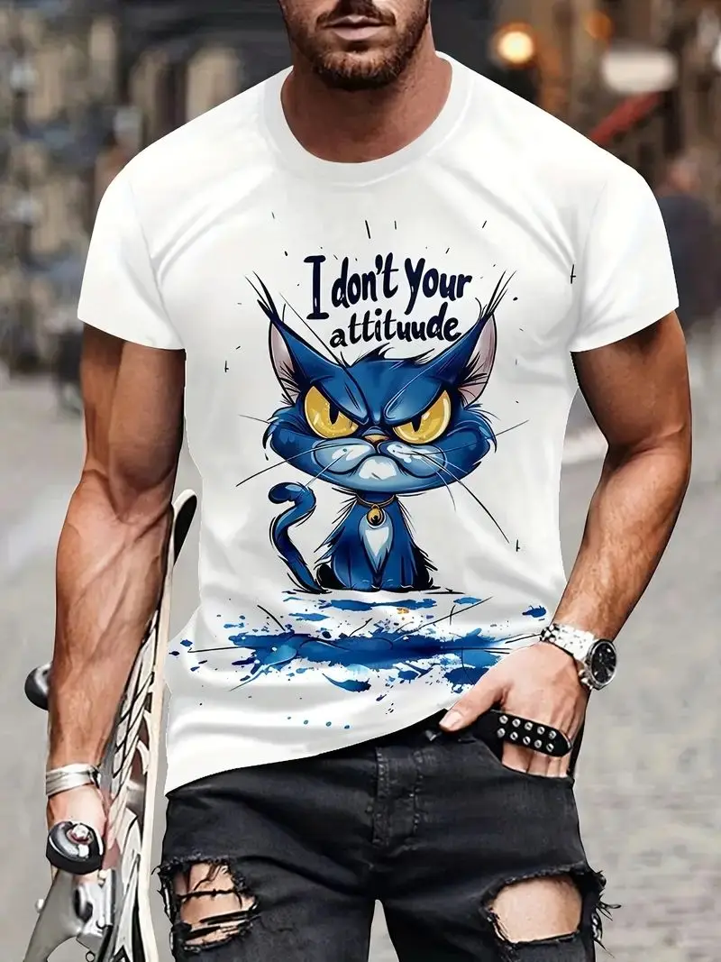 Cartoon Men\'s T-shirt Cat Pattern Print Summer Casual Short Sleeve T-shirt Street Round Neck Short Sleeve Top Oversized Clothing