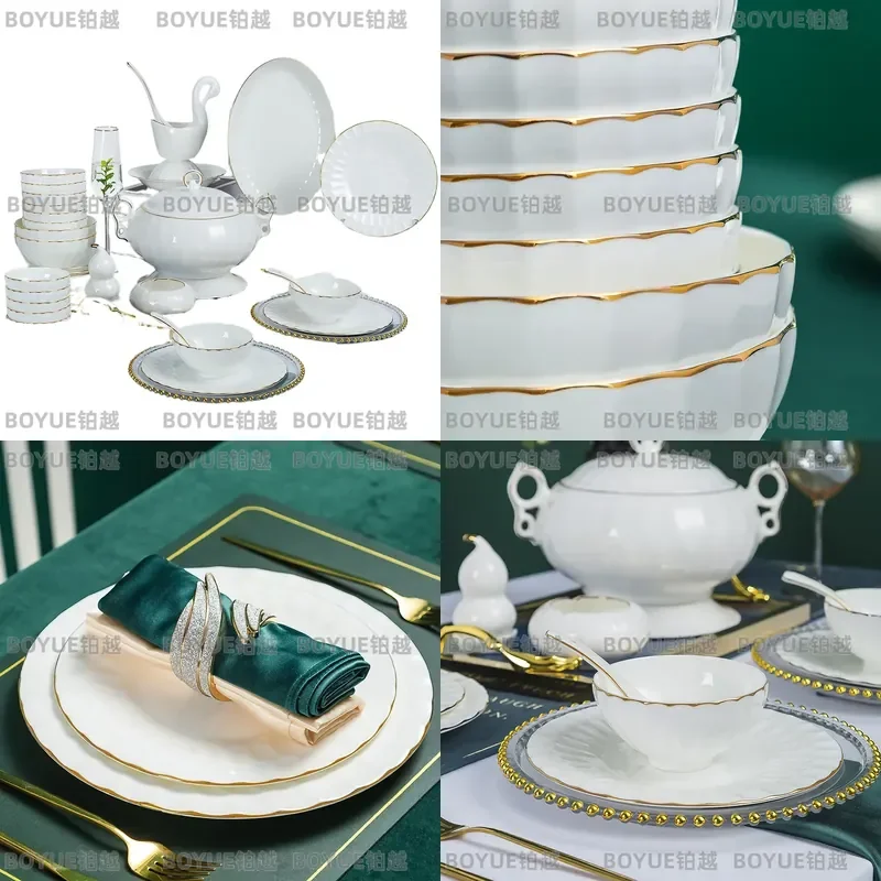 Jingdezhen Bone China Dinnerware Set European Style Ceramic Plates Bowls Chopsticks Household Gift Tableware Collection