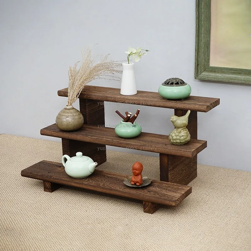 Burnt Paulownia Tea Cup Rack Solid Wood Storage Shelf, Desktop Teapot Organizer for Kitchen Room Home Tea Collection