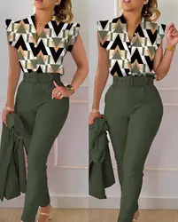 Geometric Print Pants Sets Two Piece Summer New Plus Size Flutter Sleeve Stand Collar Button Design Top & Pants Set with Belt