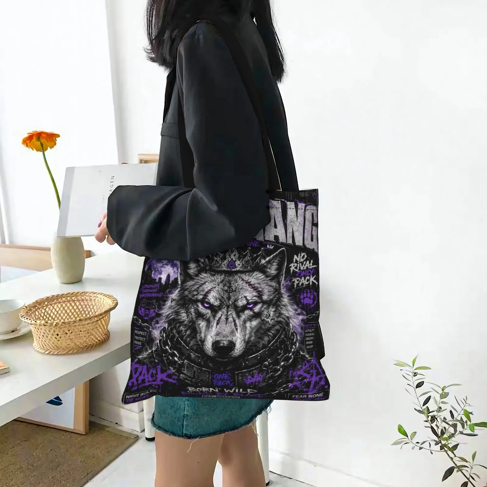Fashion Women's Bag Graffiti Wolf Game Shopping Bag  Canvas Tote Bag Women'S Shoulder Handbag Christmas Gift