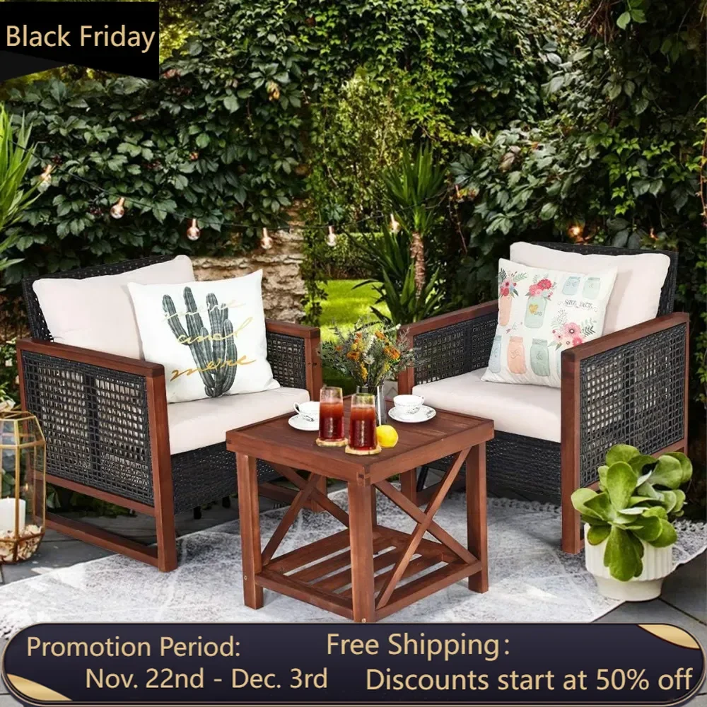 3-piece terrace wicker furniture set, rattan outdoor sofa set, with washable cushions and acacia wood coffee table