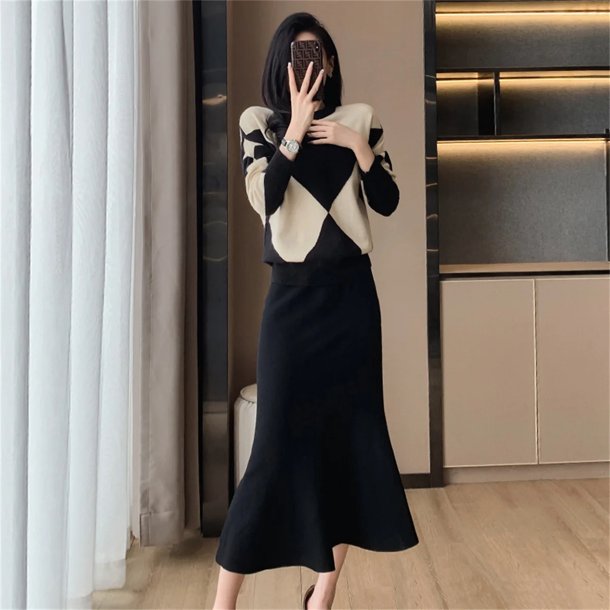 

Elegant Temperament Slim Fit Knitted Two-Piece Set Women's Plaid Loose Knitted Sweater And Mermaid Skirt Outfits Autumn Winter