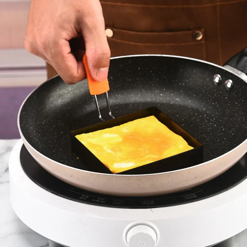 4Pcs Foldable Silicone Handle Square Egg Ring Non-Stick Anti Scalding Frying Eggs Mold Stainless Steel Pancake Mold Sandwich 4
