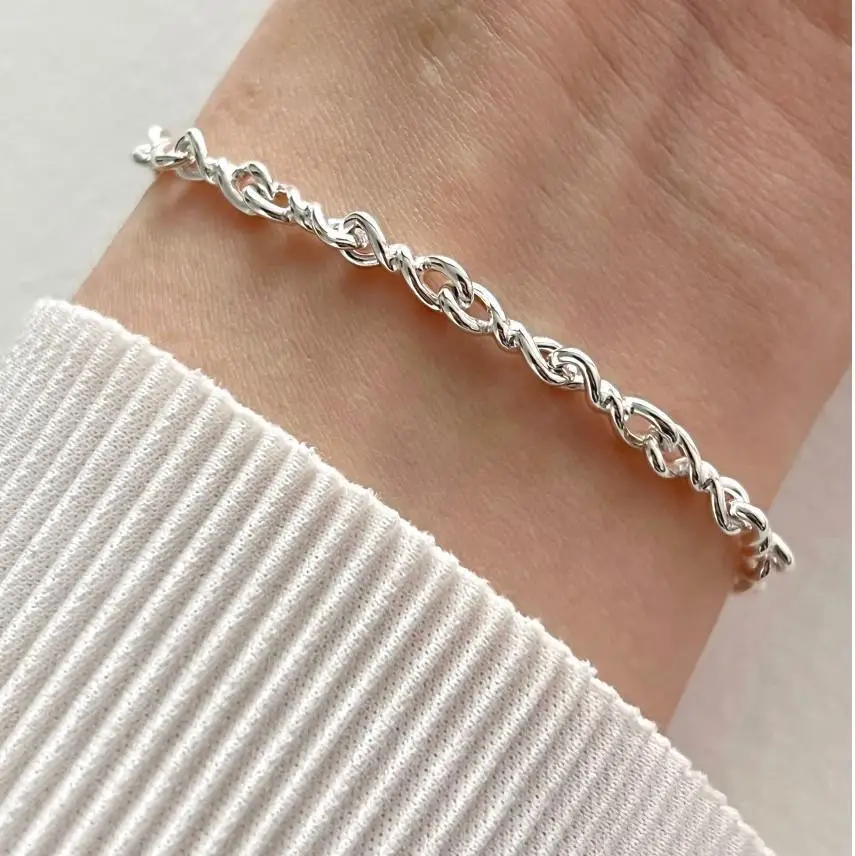 Unisex Authentic 925 Sterling silver TWIST Wave open cirlce chain Bracelet jewelry Gift C-A320