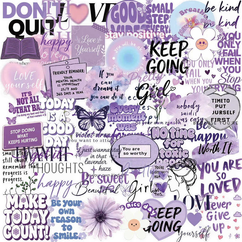 50 Sheets Vintage Purple Inspirational Stickers, Floral Pattern Waterproof PET Stickers for Skateboard DIY Giajar Sticker Store