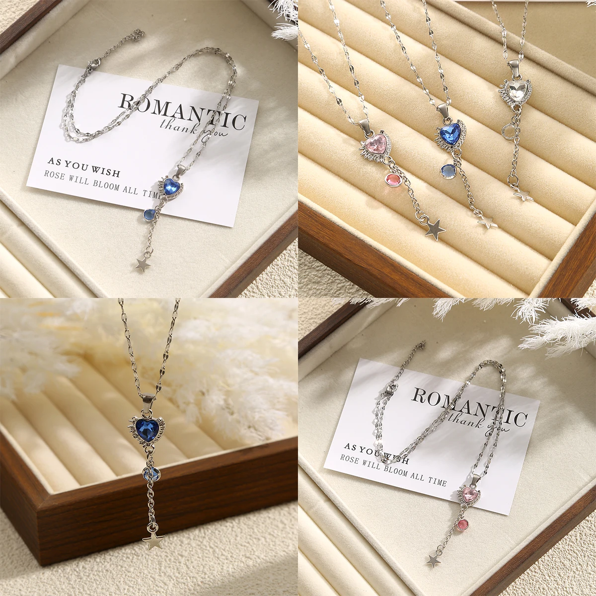 SOVOB رائعة الحب على شكل قلب الزركون ستار شرابة قلادة القلائد للنساء سترة من الفولاذ المقاوم للصدأ سلسلة عنق مجوهرات الحفلات #1