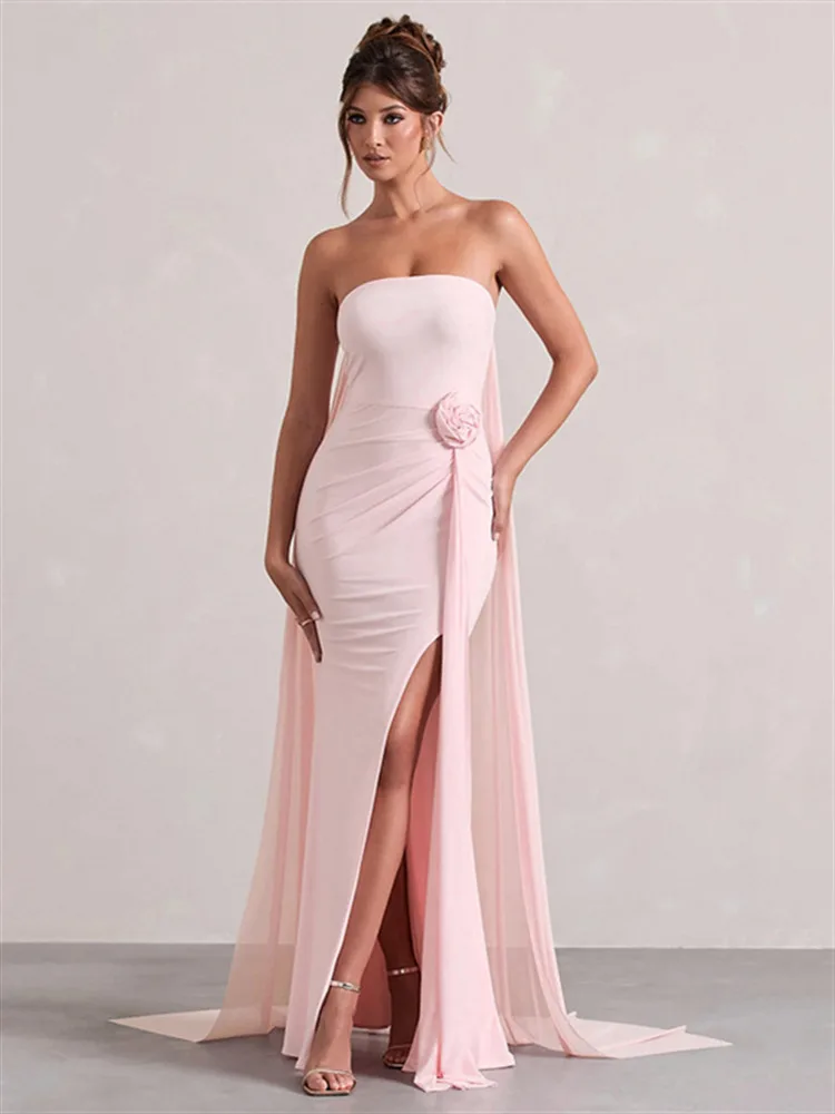 

Absobe Strapless Mesh Split Mermaid Dress Women's Ruched Bodycon Gown with 3D Floral Ribbon Elegant Wedding Bridal Partywear
