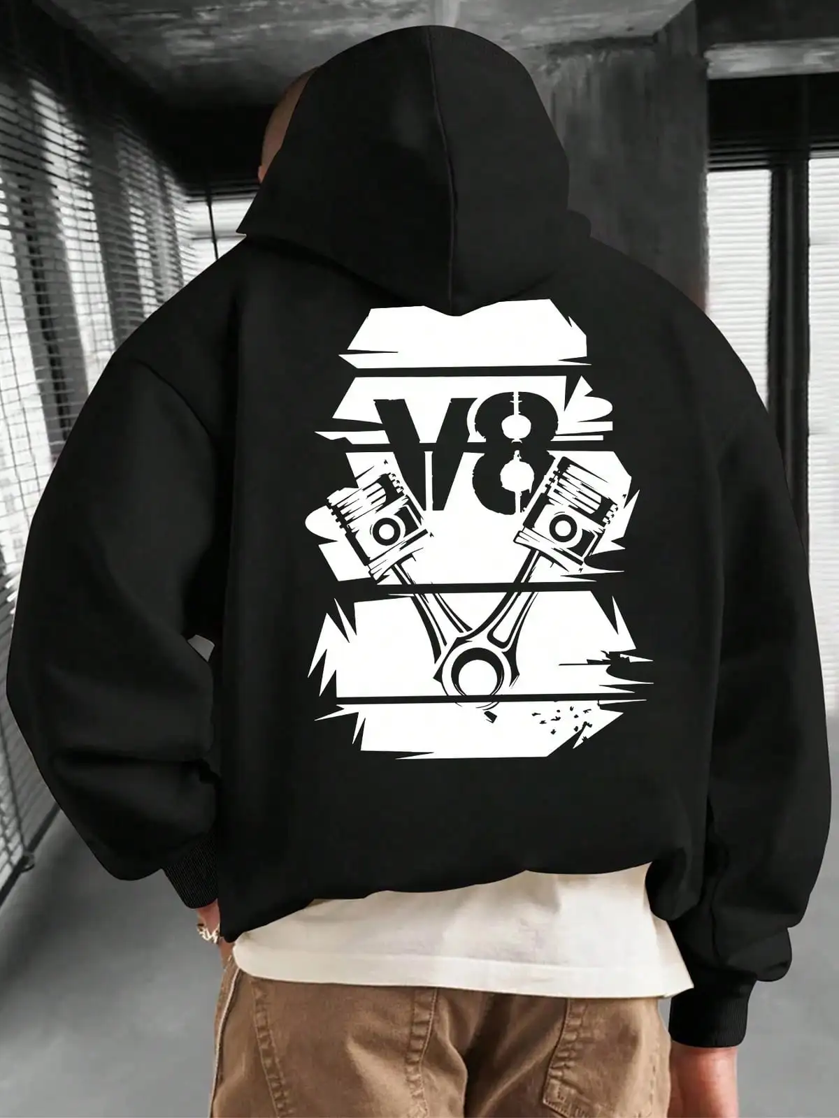 Men Back Print Hoodie, V8 Engine Piston Mechanic Graphic Hooded Sweatshirt, Car Mechanic Racing Casual Loose Pullover Hoodie
