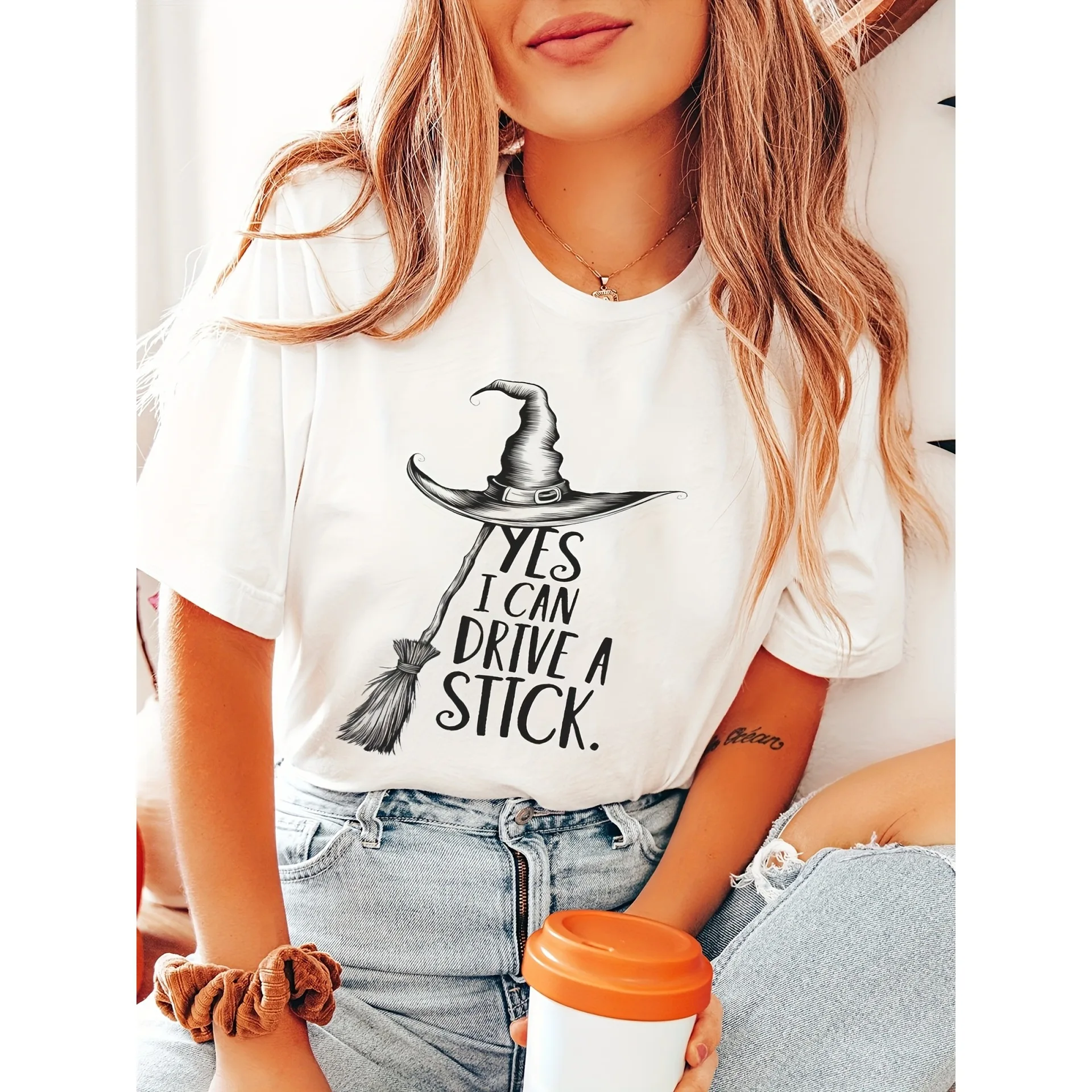 

1pc Women's Witch Graphic T-Shirt "Yes I Can Drive a Stick" Print Casual All-Season Sportswear Round Neck T Shirt
