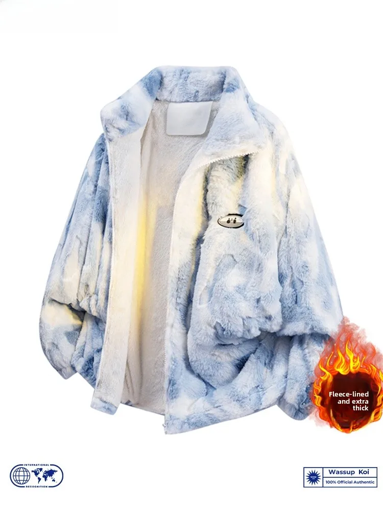 

Wassup Koi Lamb Fur Jaet Thiened Winter Coat for Men And Women Stand Collar Loose Couple Cotton Clothes Trendy Brand