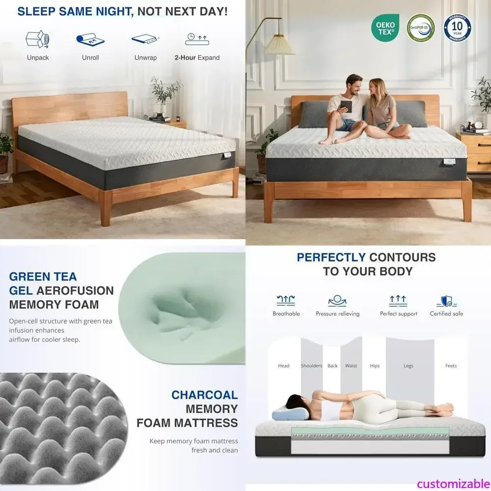 Colchón de espuma viscoelástica con infusión de té verde de 12 pulgadas tamaño queen, superventas, para mayor frescura y soporte - fácil instalación en caja, tipo bed-in-a-box