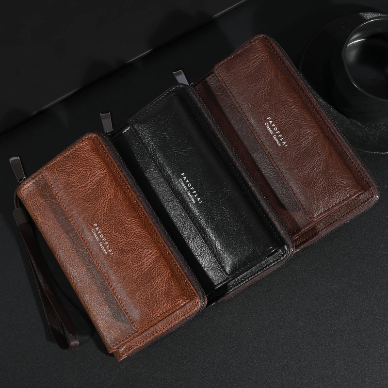 Herren-Geldbörse mit großem Fassungsvermögen, doppellagig, aus PU-Leder, Multi-Kartenhalter, Münzfach für den täglichen Gebrauch, Reißverschluss-Clutch mit Handyfach