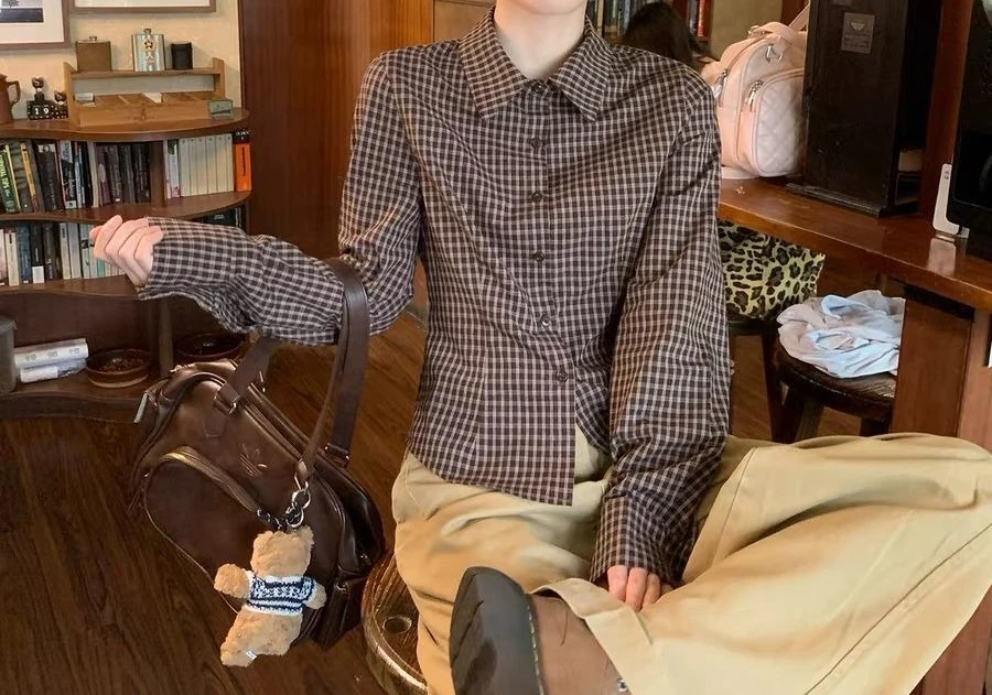 Chemise cintrée à la taille à carreaux, haut à manches longues, Design court, Slim Fit, nouvelle collection automne