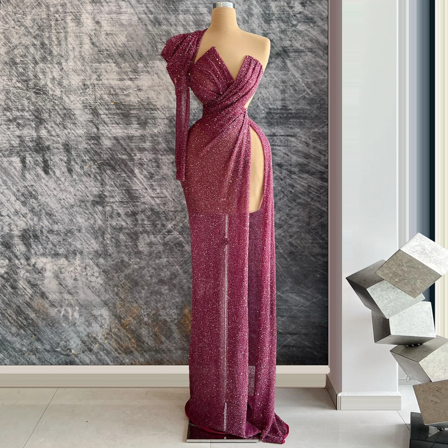 

Sheer Tulle Dress High Slit Single Sided Sleeves and Pleated Ruffles Sexy Cocktail Party Dress 2025 New Customizable
