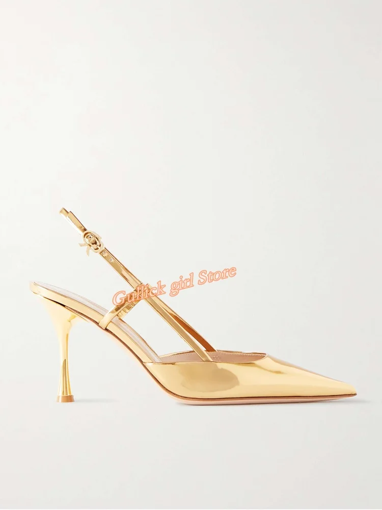 

Metallick Gold Pointy Toe Pumps Stiletto Thin High Heel Ankle Buckle Strap Solid Nude Red Black Runway 2026 Spring Women Shoes