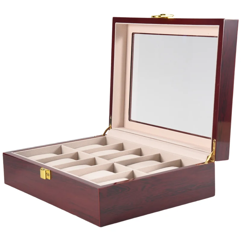 ABFU-2X caja de reloj de madera de lujo, caja porta relojes para relojes, caja organizadora de joyería superior de cristal para hombres, organizador de relojes de 10 rejillas