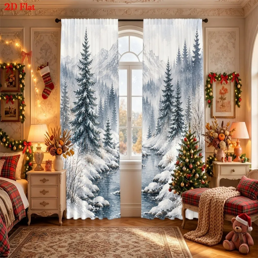 2PCS Scenic Curtains, Winter Snow Forest River Mountains, Digital Print, Bedroom Living Room Kitchen, Rod Pocket, Home Decor