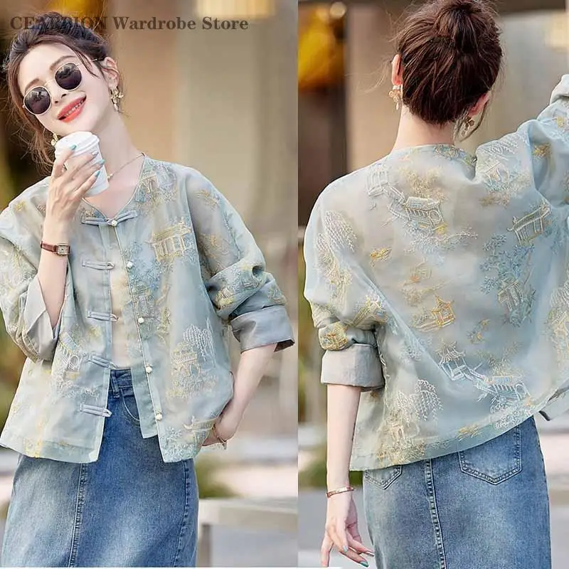 New Chinese Summer Ladies Tang Jackets Retro Style Embroidery Jacket Short Loose Fit Sun Resistant Small Top Traditional Wear