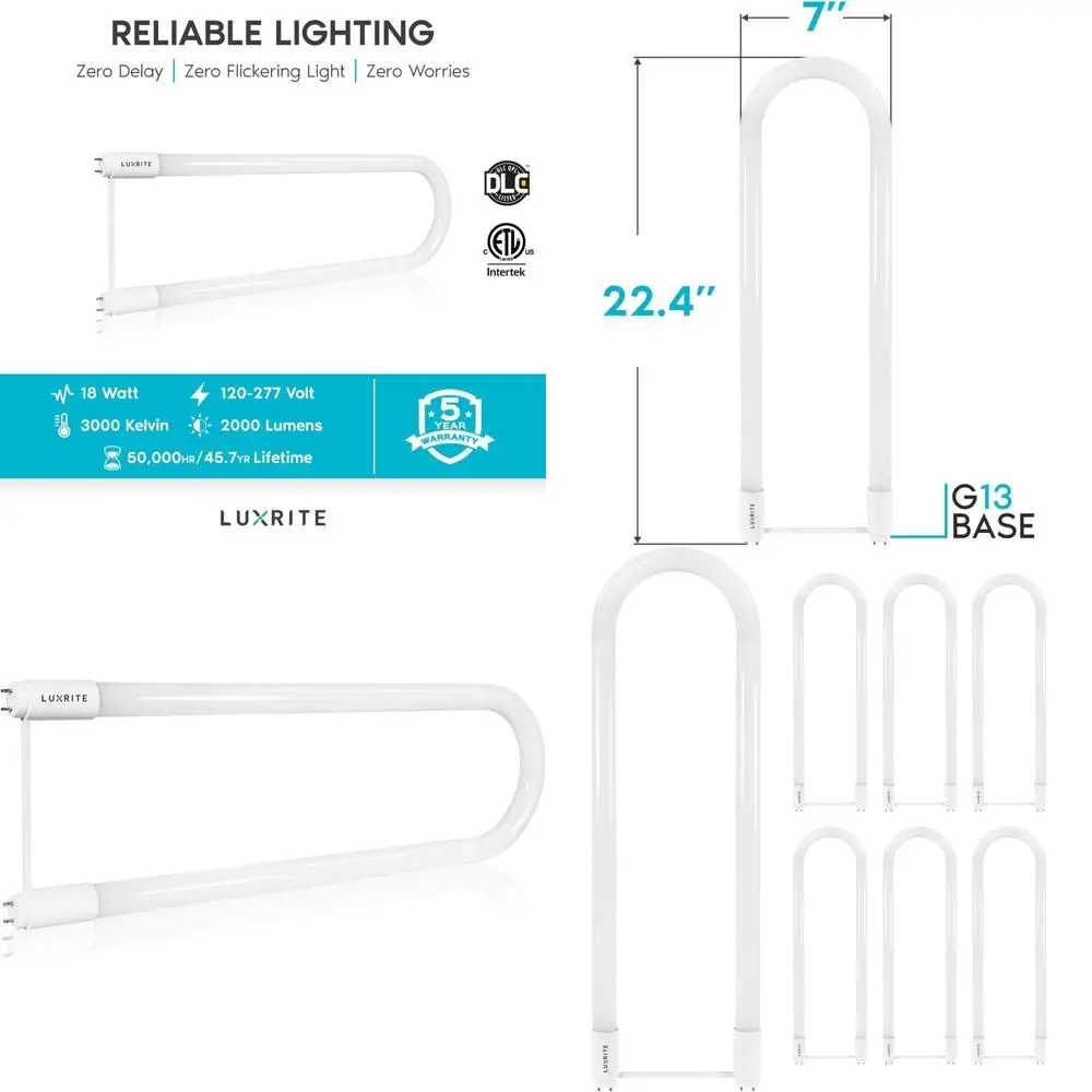 

Набор из 6 светодиодных ламп T8/T12 U-образной формы, 18 Вт, замена 32 Вт, 3000K, мягкий белый свет, 2000 люмен, прямое подключение/байпас балласта, сертификаты DLC и ETL