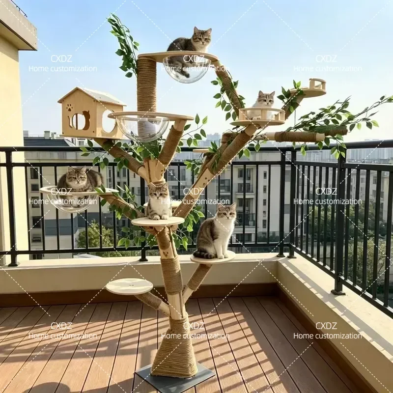 Large Cat Tree Climbing Frame with Solid Wood Real Trunk Integrated Nest Wear Resistant Non Sticky Pet Jumping Platform