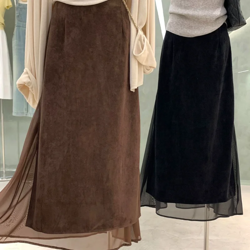 New High-end Temperament Commuting Atmosphere Mesh Splicing Fake Two-piece Suede Skirt