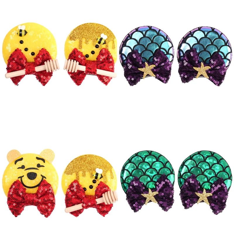 

Disney Cartoon Winnie the Pooh 3.3''Sequins Mouse Ears Bow Clips Glitter Hairpins Girl Festival Party Barrettes Hair Accessories